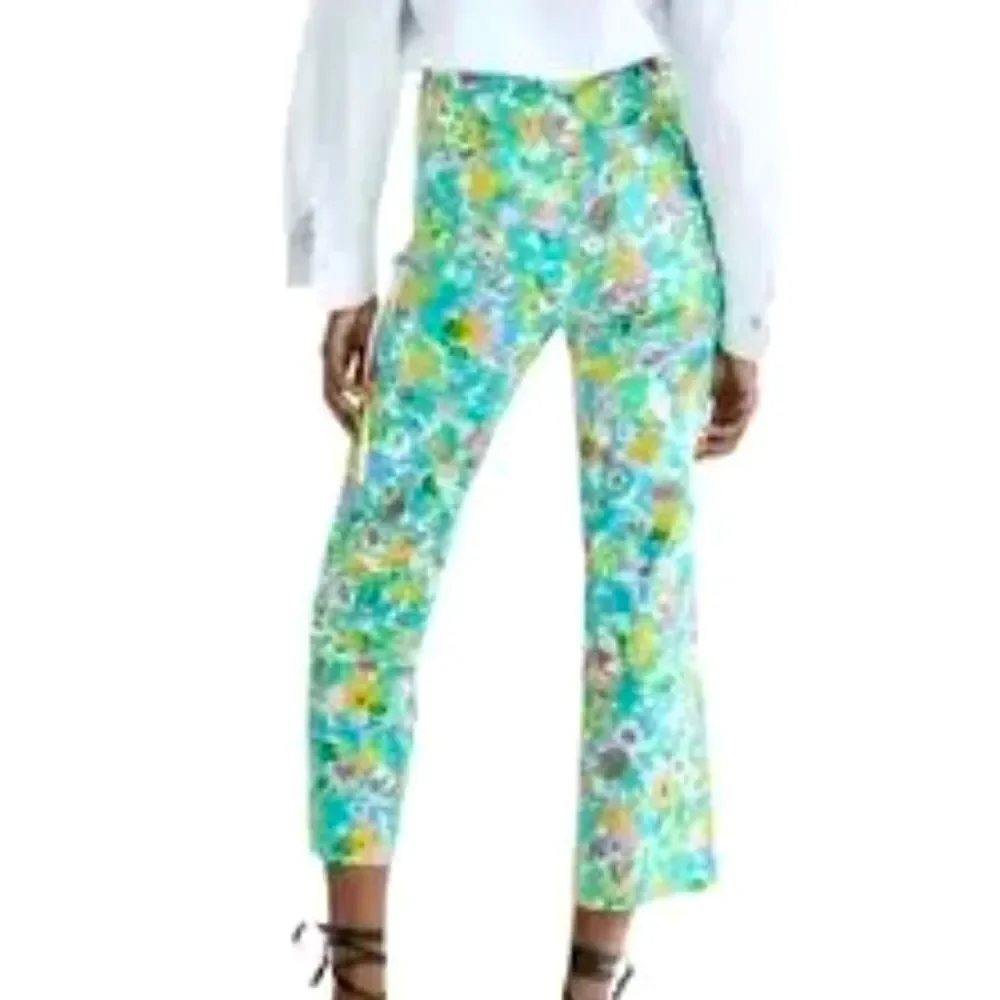 Zara Colorful Floral Retro Inspired Linen Blend High Rise Cropped Ankle Pants